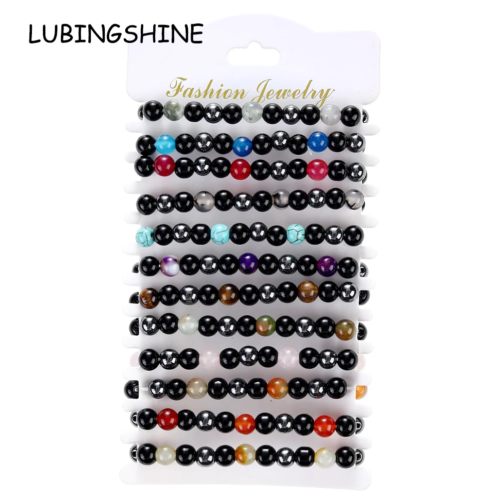 

12Pcs/lot Natural Healing Energy Tiger Eye Bracelet Polished Lapis Lazuli Beads Bangle Elastic Yoga Jewelry for Women Men