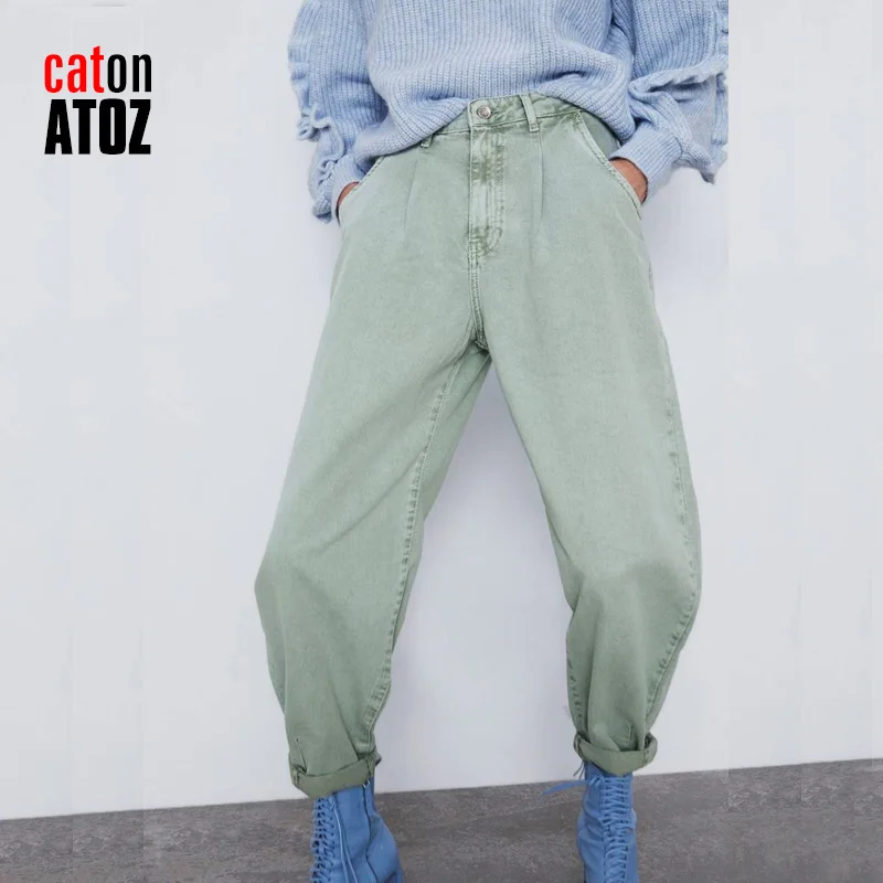 catonATOZ 2248 Women's Cargo Pants Green Pleated Mom Jeans High Waist Loose Harem Boyfriend Casual Trousers | Женская одежда
