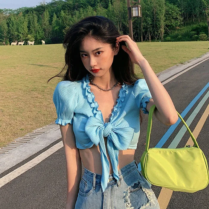 

Новые v-образным вырезом комбинезоны для девочек Ins Hipster сплошной тонкий укороченный топ Женская одежда Пышное Платье с коротким рукавом пов...