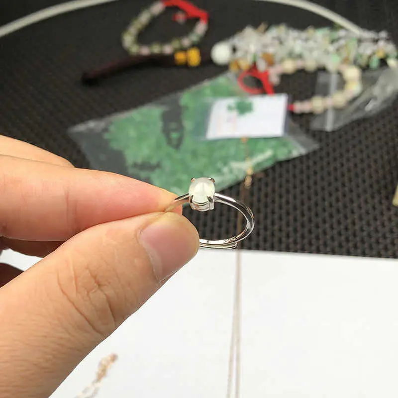 

Original design natural emerald oval open ring elegant fresh and delicate bohemian charm women's silver jewelry