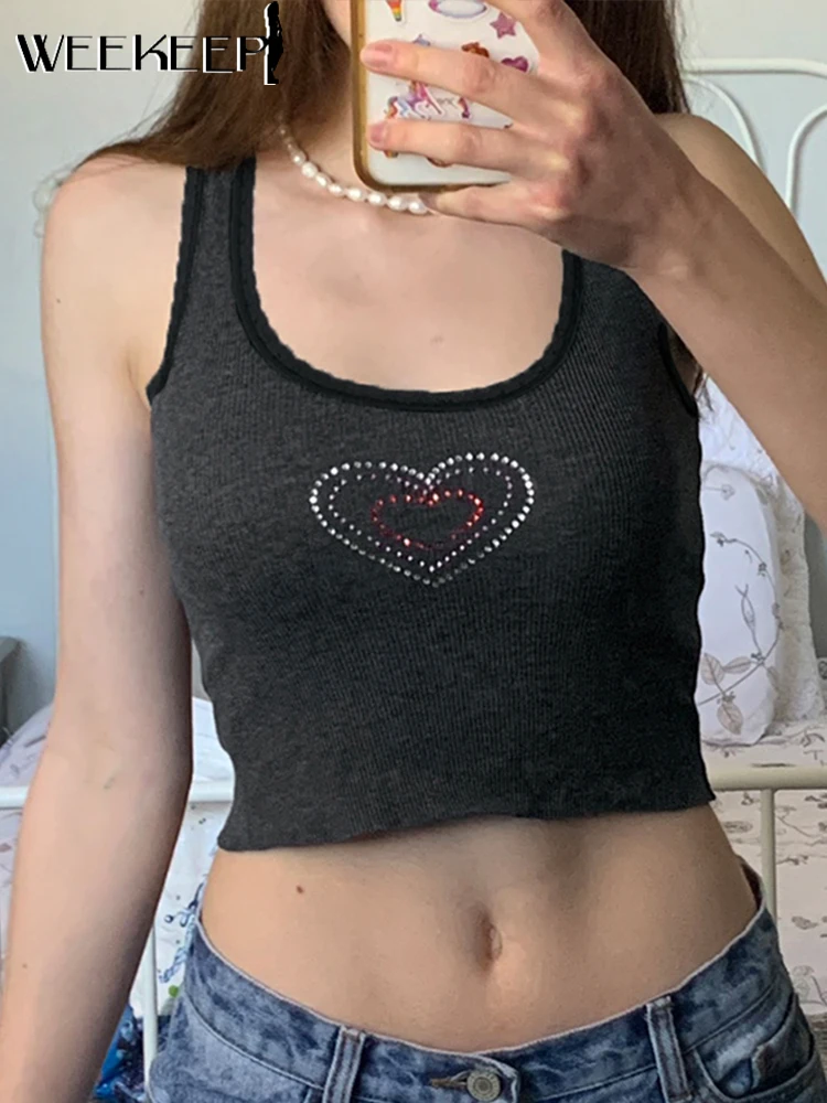 

Weekeep Harajuku Heart Rhinestones Slim Tank Top Women Basic Knit Sleeveless Skinny Ruffles Crop Tops Y2k Grunge Fairycore Tee