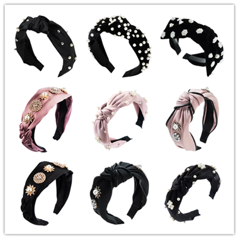 Женская повязка для волос с узлом однотонная широкая искусственным жемчугом