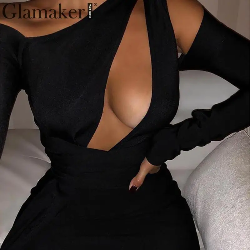 Женское Короткое облегающее платье Glamaker Черное мини-платье с открытыми плечами и