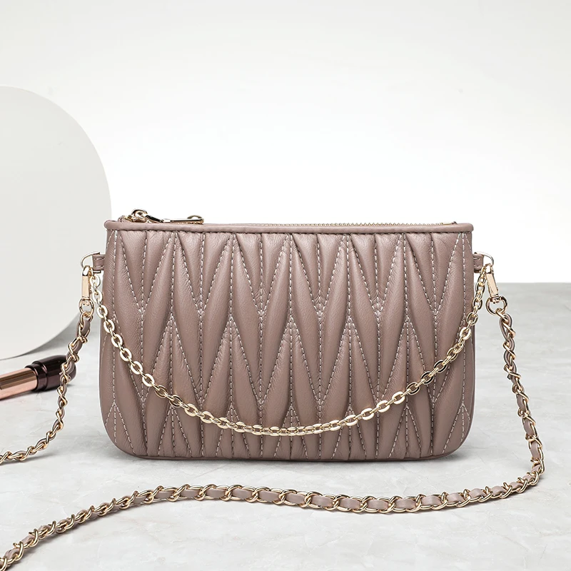 

New Sheepskin Genuine Leather Bag For Women Fashion Wild Solid Luxury Shoulder Bags Designer Pleated Handbag Purse Crossbody