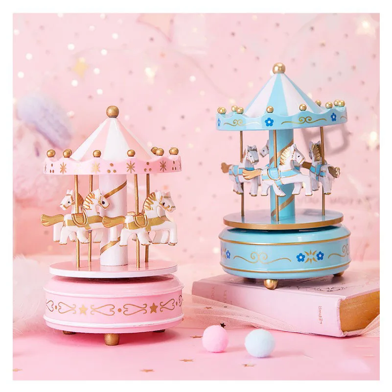 

2Colors Wind Up Wooden Horse Roundabout Carousel Musical Christmas Parties Box Children Melody Birthday Wedding Toy Gift