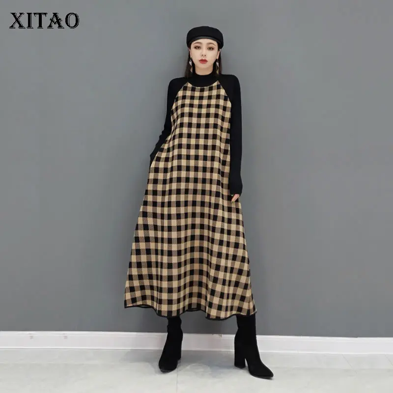 

XITAO New Knitting Lattice Dress Contrast Color Splicing Half High Collar Fashion Simplicity Loose Winter All-match New WMD4149