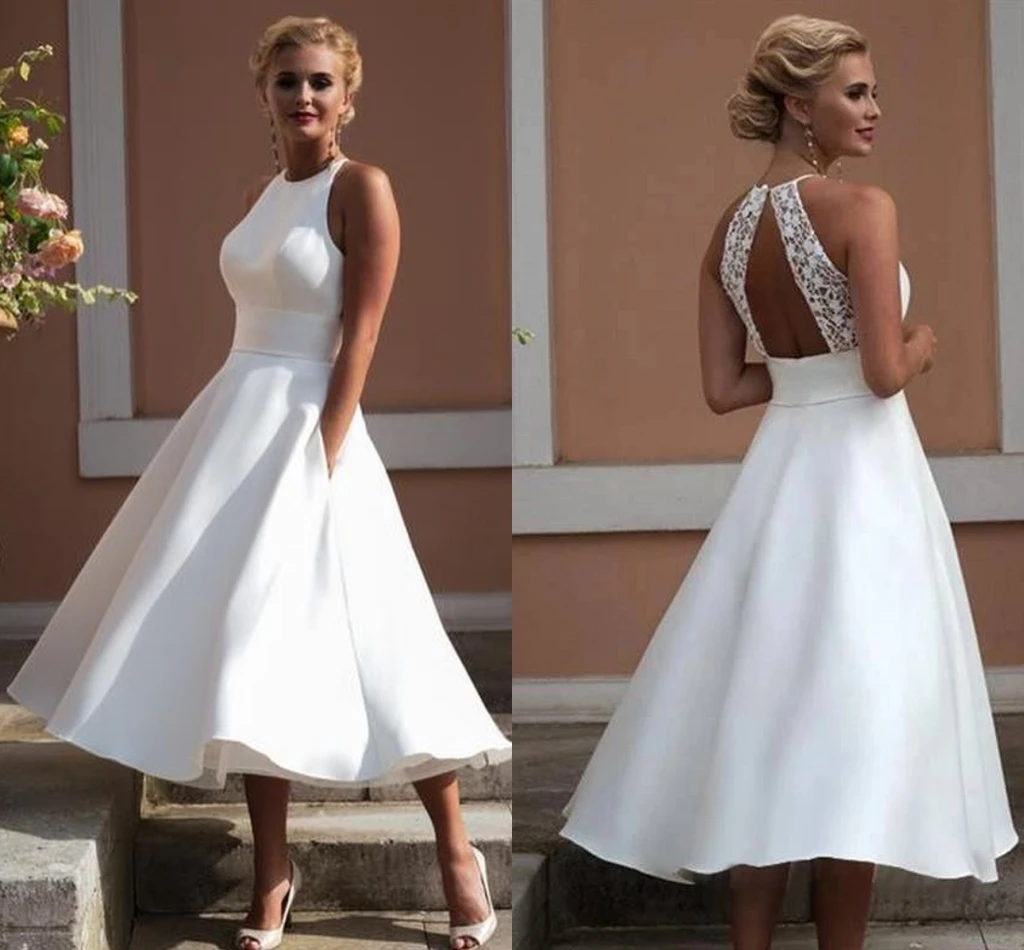 

Wedding Dress Short O-Neck Sleeveless A-Line With Pocket Custom Made Knee Length Bridal Gowns White Gorgeous Cheap Price