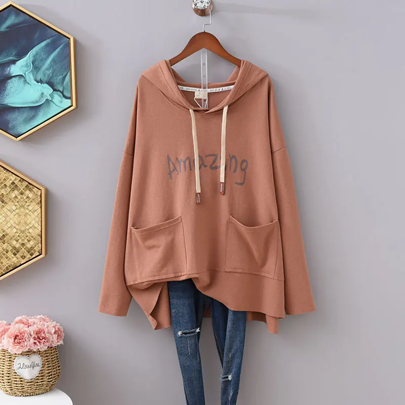

2021 Spring Korean-Style Double-Pocket Top Long-Sleeved T-shirt Loose Plus Size Print Letters Hooded Sweatshirt Simple Hoodie