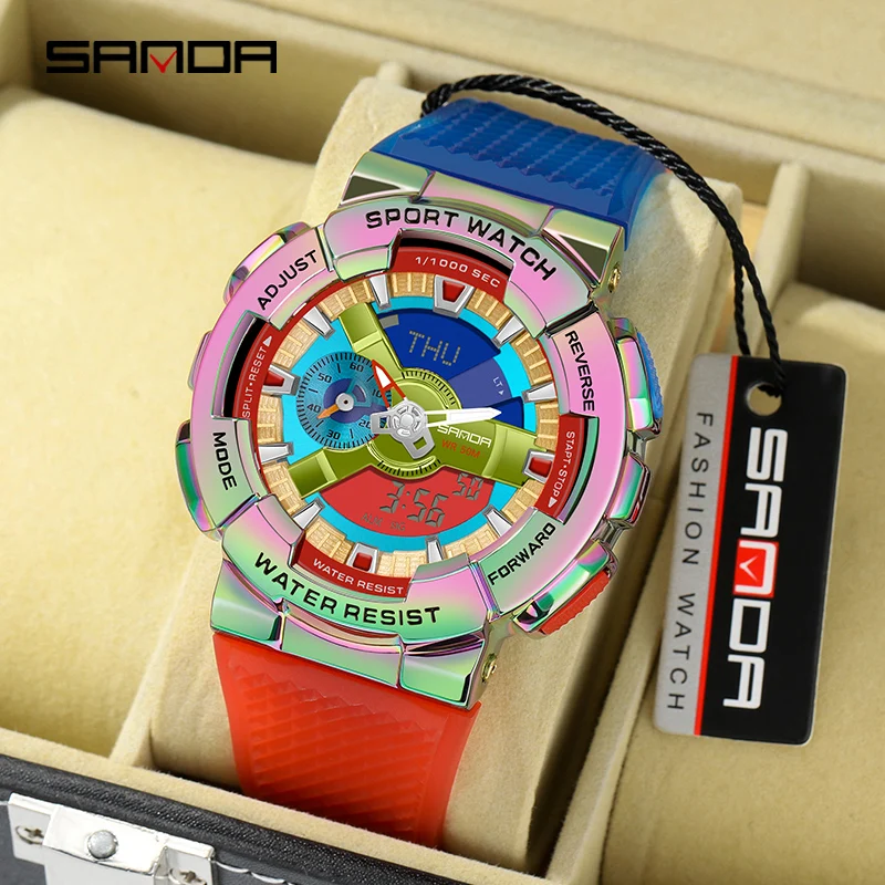 

Часы наручные SANDA мужские спортивные с двойным дисплеем, брендовые аналоговые цифровые водонепроницаемые цветные в стиле милитари