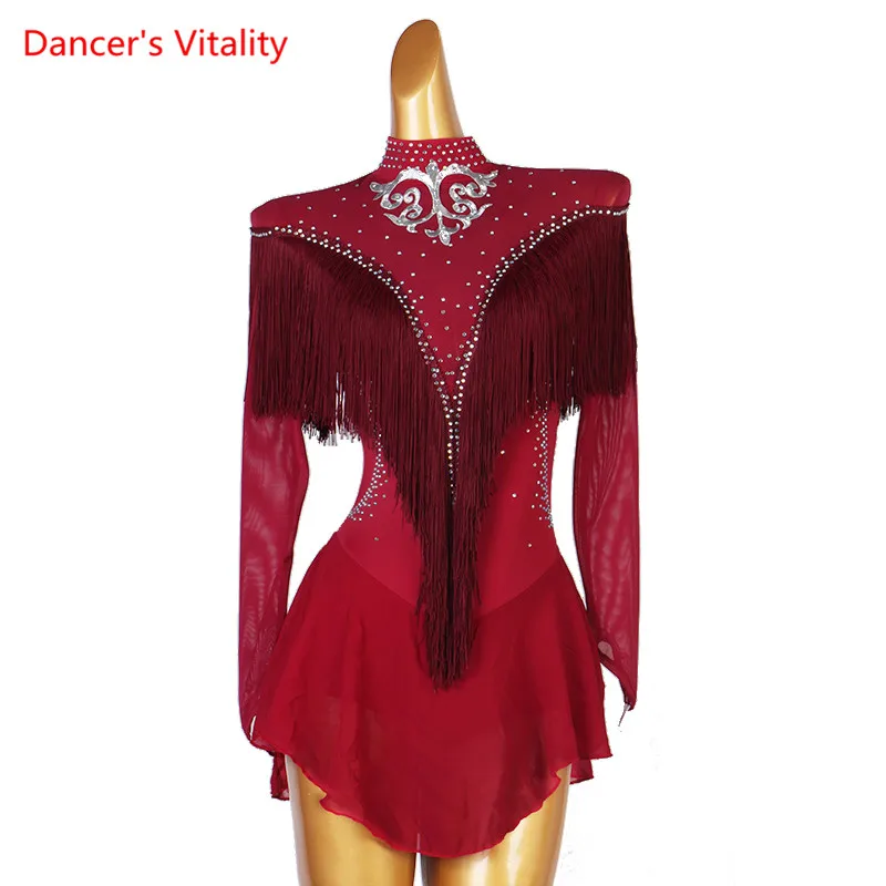 

Latin Dance Dress Stand-Up Collar Diamond Tassel Skirt Long Sleeves Practice Clothes Custom Adult Child Performance Clothing