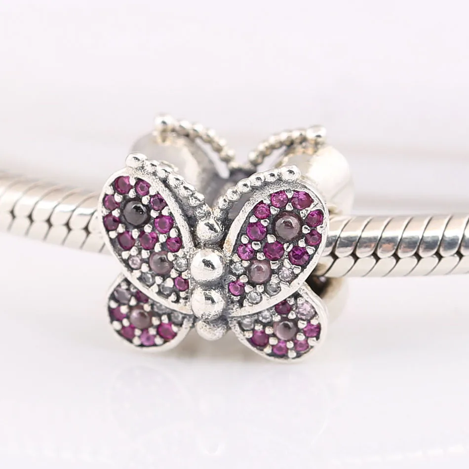 

Authentic S925 Dazzling Pink Butterfly With Crystal Bead Charm for Women Bracelet Bangle DIY Jewelry