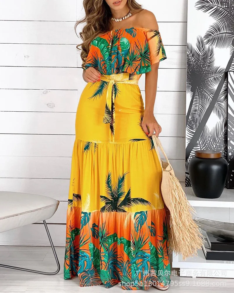 

Orange Printed Off Shoulder Dress Women Summer 2021 New Local Positioning with Belt