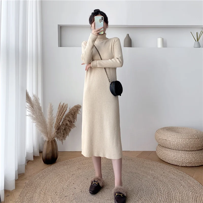

One Piece Autumn Winter Korean Fashion High-Neck Thick Mid-Length Stylish Women'S Clothing Female Simple Knitting Sweater Dress