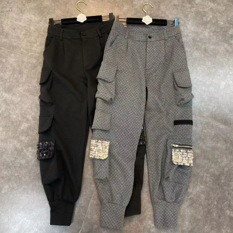 

Designer Women Plaid Harem Pants Joggers Sequined Multi-pockets Boyfriend Style Cargo Pants Casual Female Trousers Sweatpants