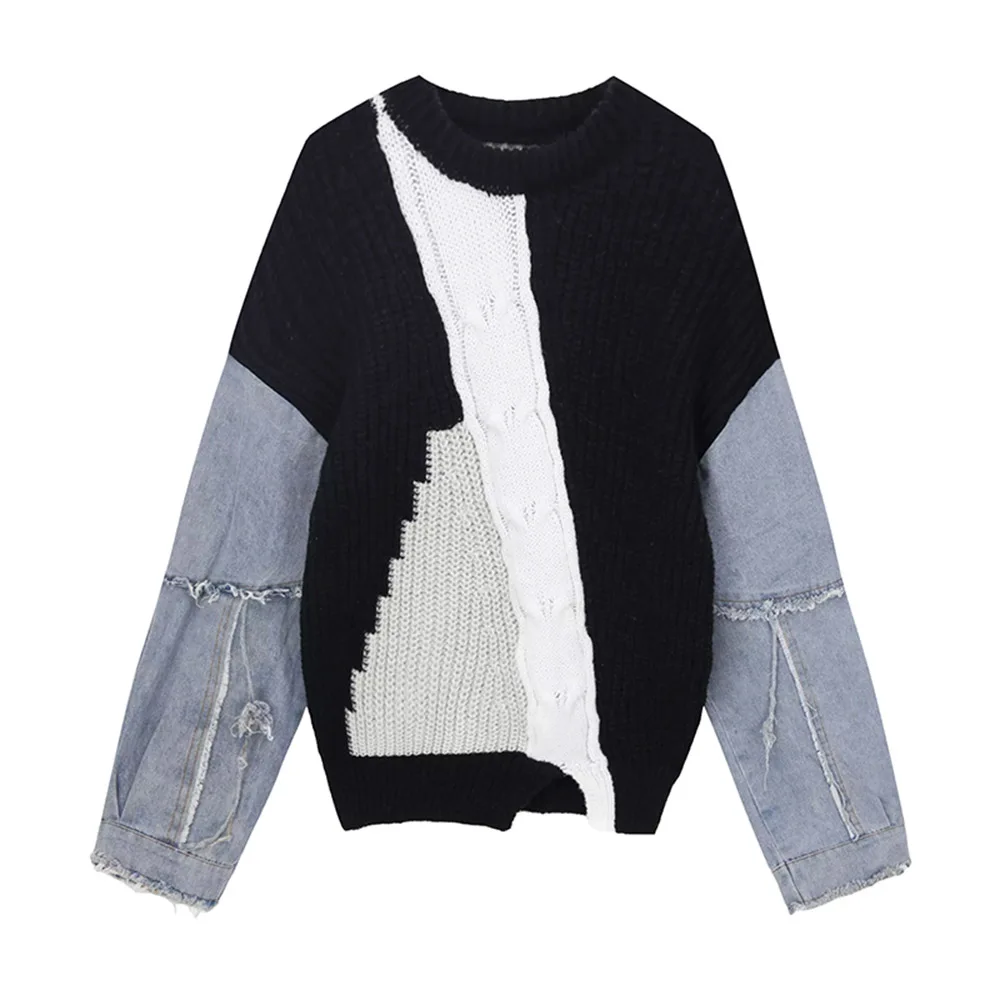 

Ladies Stitching Sweater Denim Sleeve Patchwork Women Fall/winter Oblique Collar Off-shoulder Design Niche Knit Pullover New Top