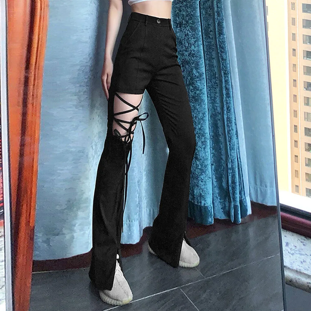 

2021 Summer New Women's Solid Color High Waist Hollow Out Bandage Casual Pants Split Fork Fashion Hipster Trendy
