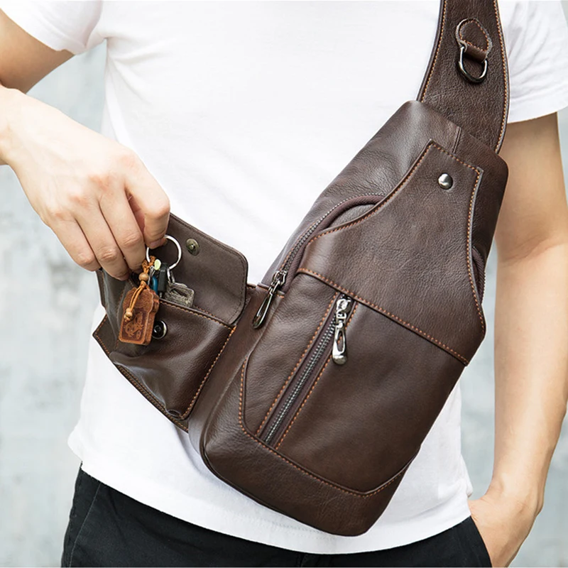 

Винтажная Мужская нагрудная сумка из натуральной кожи, сумка через плечо, диагональная посылка, монета, телефон, ключ, карман, сумка для путе...