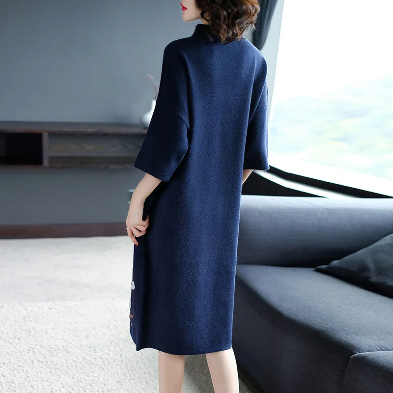 

New 2020 Autumn Winter Fashion Long Dress High Quality Women Flower Patterns 3/4 Sleeve Casual Plus Size Knitted Sweater