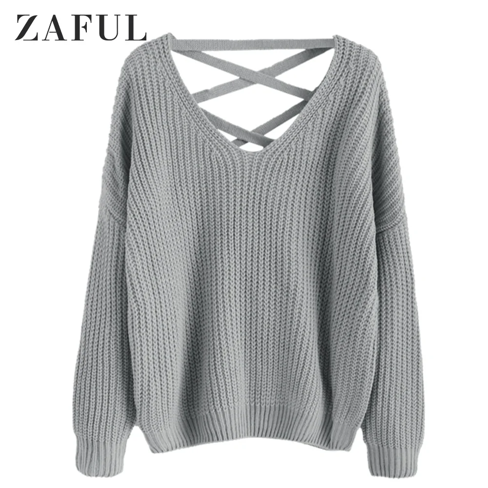 Zaful Autumn Solid Women Causal Sweater V-Neck Drop Shoulder Female Pullovers Lace Up Long Sleeves Feminino Knitted Loose Jumper | Женская