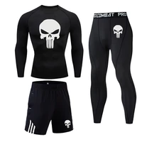 3 piece mens full suit tracksuit mma tactics winter thermal underwear skull rashgard male compression sport tights jogging suit