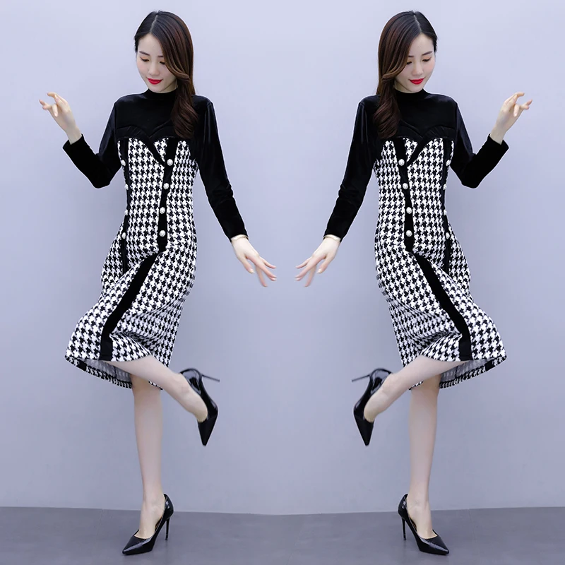

2021 New Autumn And Winter Velvet Plaid Splicing Fake Two Women Dress O-Neck Long Sleeve Knee-Length A-Line Female