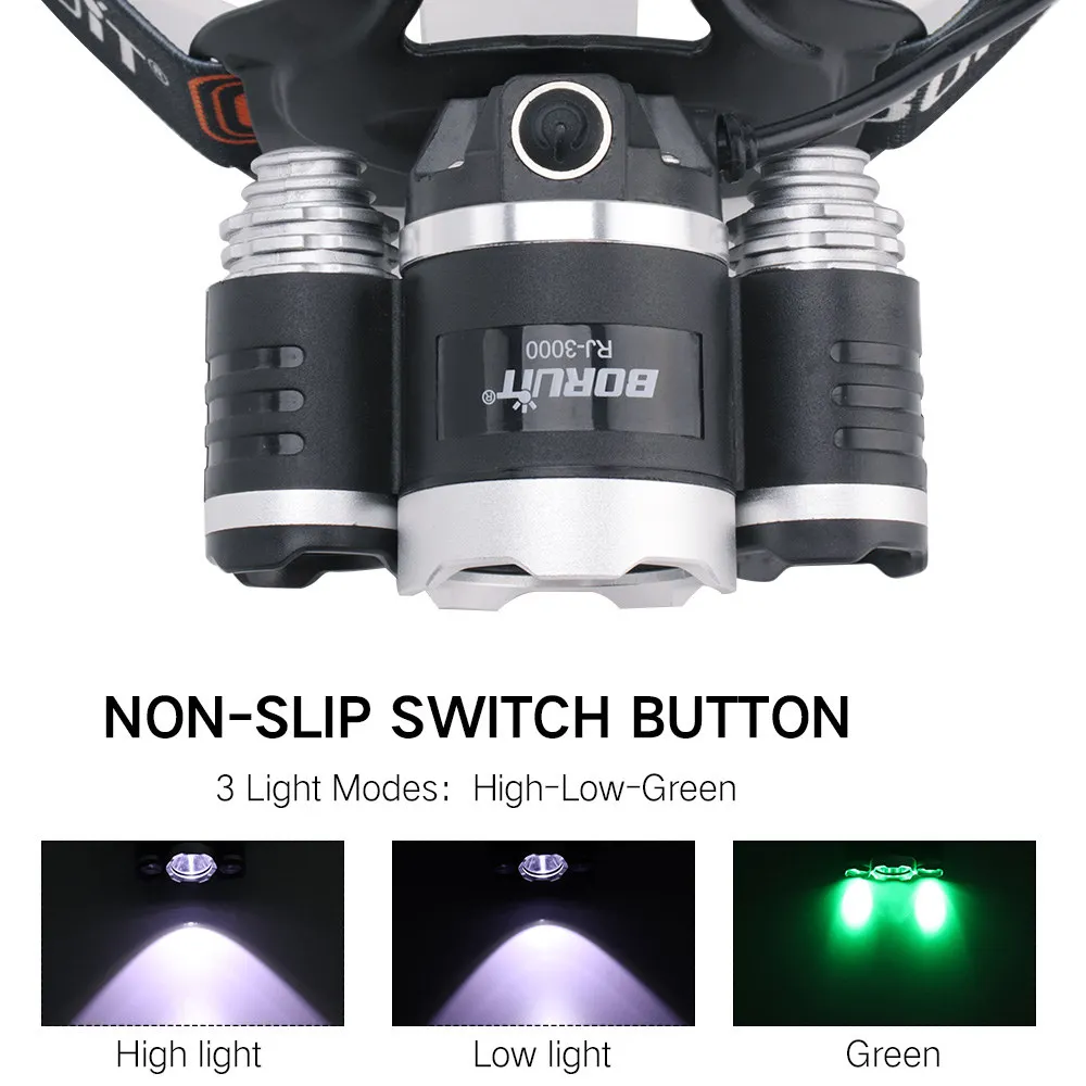 BORUiT T6 белый+ 2* XPE зеленый светодиодный налобный фонарь 3-Mode Rehargeable Фара Водонепроницаемый Головной фонарь для кемпинга фонарик на 18650 батареи