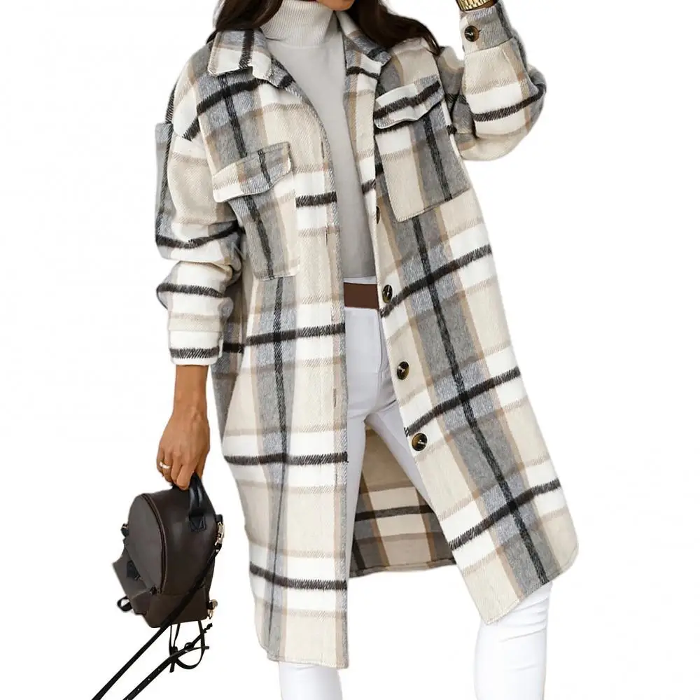 

70% Dropshipping!! Autumn Winter Women Cardigan jacket Plaid Buttons Long Sleeve Lapel Coat Knee-length Overcoat
