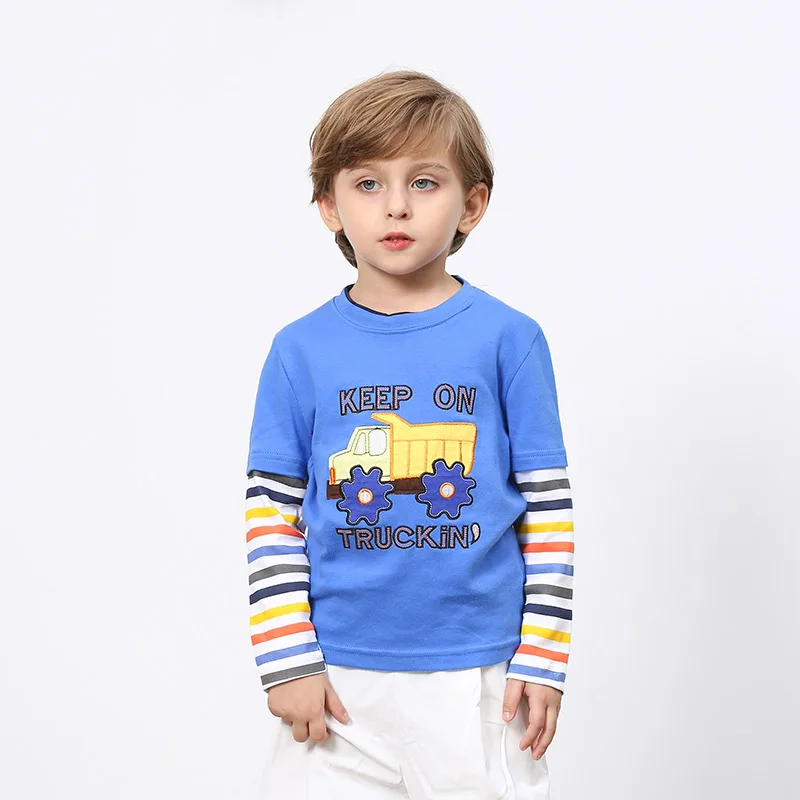 2022 Spring Autumn For 2-9 10 Years Children Cotton Striped Patchwork Cartoon Car Bus Truck Baby Kids Boys Long Sleeve T Shirts