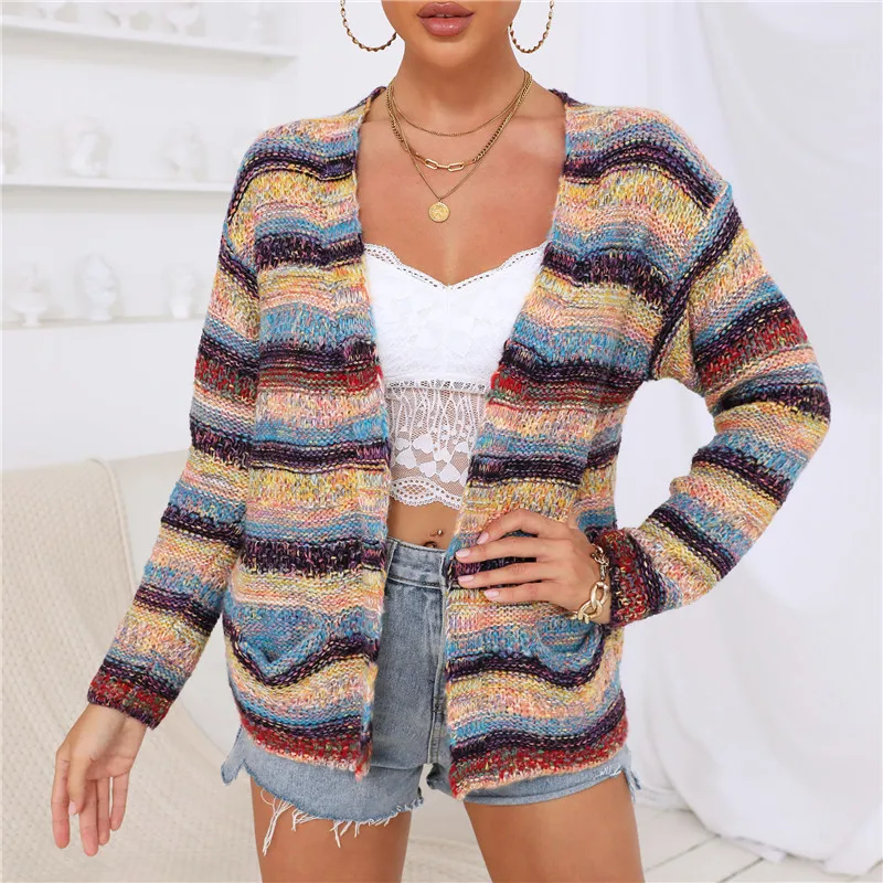 

Cardigan Sweater for Women 2021 New Striped Plus Size Sweaters Lady Thick Fall Winter Top Clothing with Pocket Large Xl Xxl