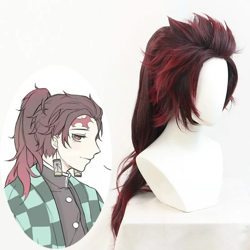 Аниме Demon Slayer Kimetsu No Yaiba Tanjirou Kamado Косплей парики костюм винно красные волосы с