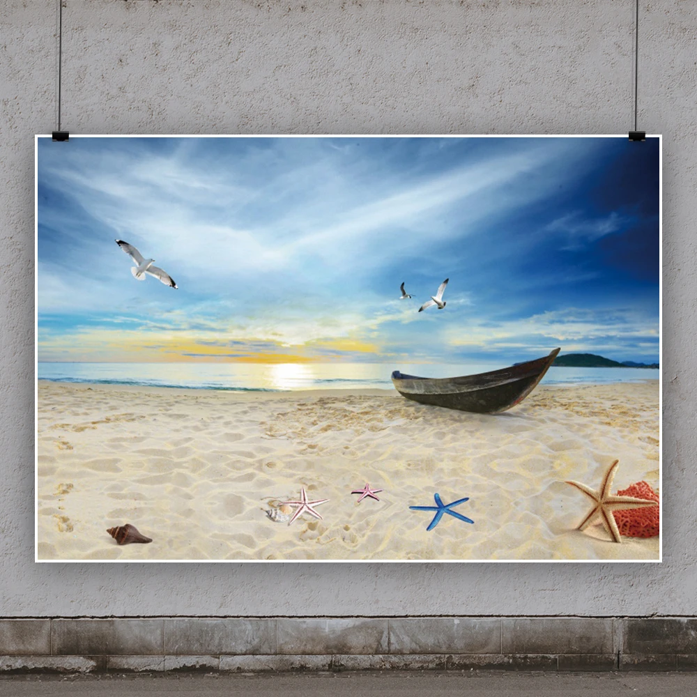 

Sunrise Natural Scenery Summer Sea Beach Background Photography Boat Starfish Backdrop Photophone For Photo Studio Photocall