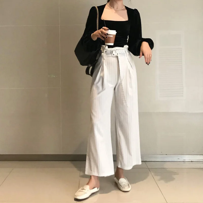 

Vintage Square Collar Autumn Winter Sweater 2020 Woman Puff Long Sleeve Pullovers Korean Basic Slim Fit Top Jumpers 55554