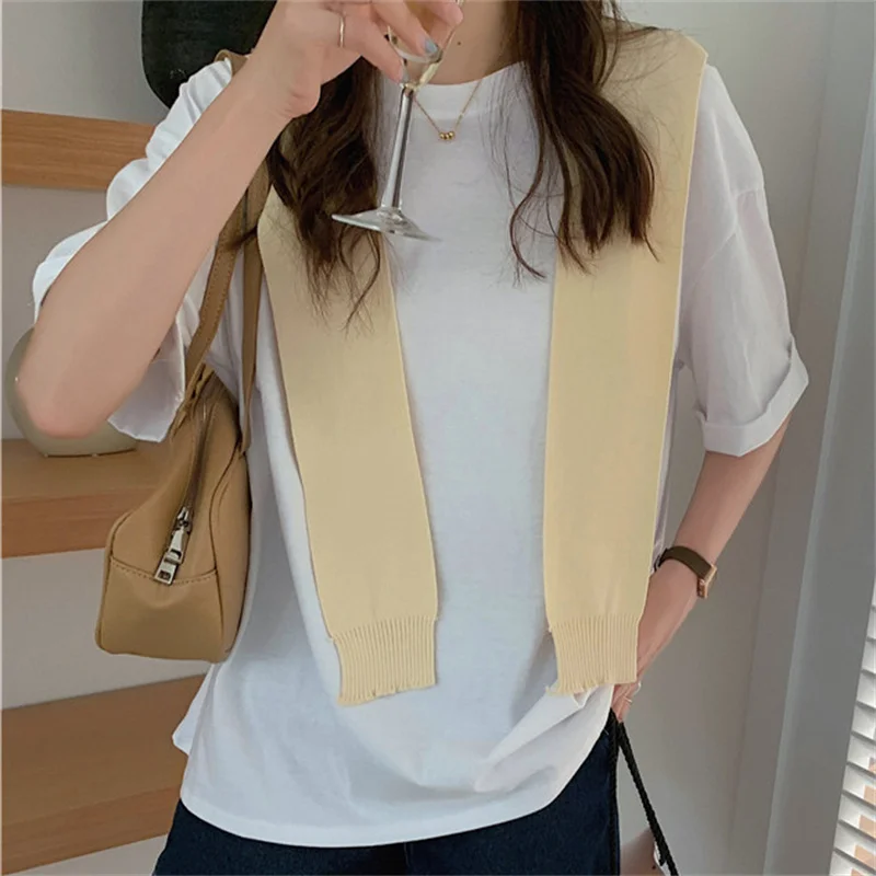 

Stowaulb Basewear Solid Chic Loose Hot Tops Summer Short-Sleeved 2021 Pullovers Casual Tee Gentle T-shirts With Knitted Shawl