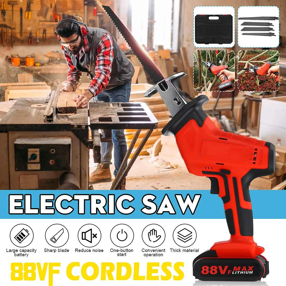 

88V Cordless Lithium Battery Reciprocating Saw Wood/Metal Cutting Saw Saber Saw Portable Electric Saw Rechargeable Power Tool