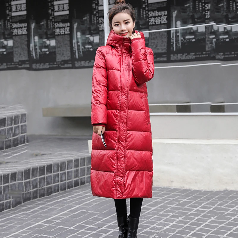 Женская длинная куртка на белом утином пуху с капюшоном|Женские пуховики| |