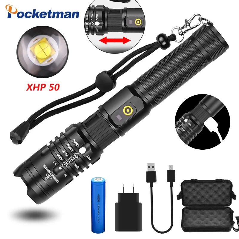 6000 lumen Hellste Taschenlampe XHP 50,2 LED Taschenlampe Mächtigsten USB Taschenlampe Zoomable Laterne verwenden 18650 Batterie Jagd Lampe