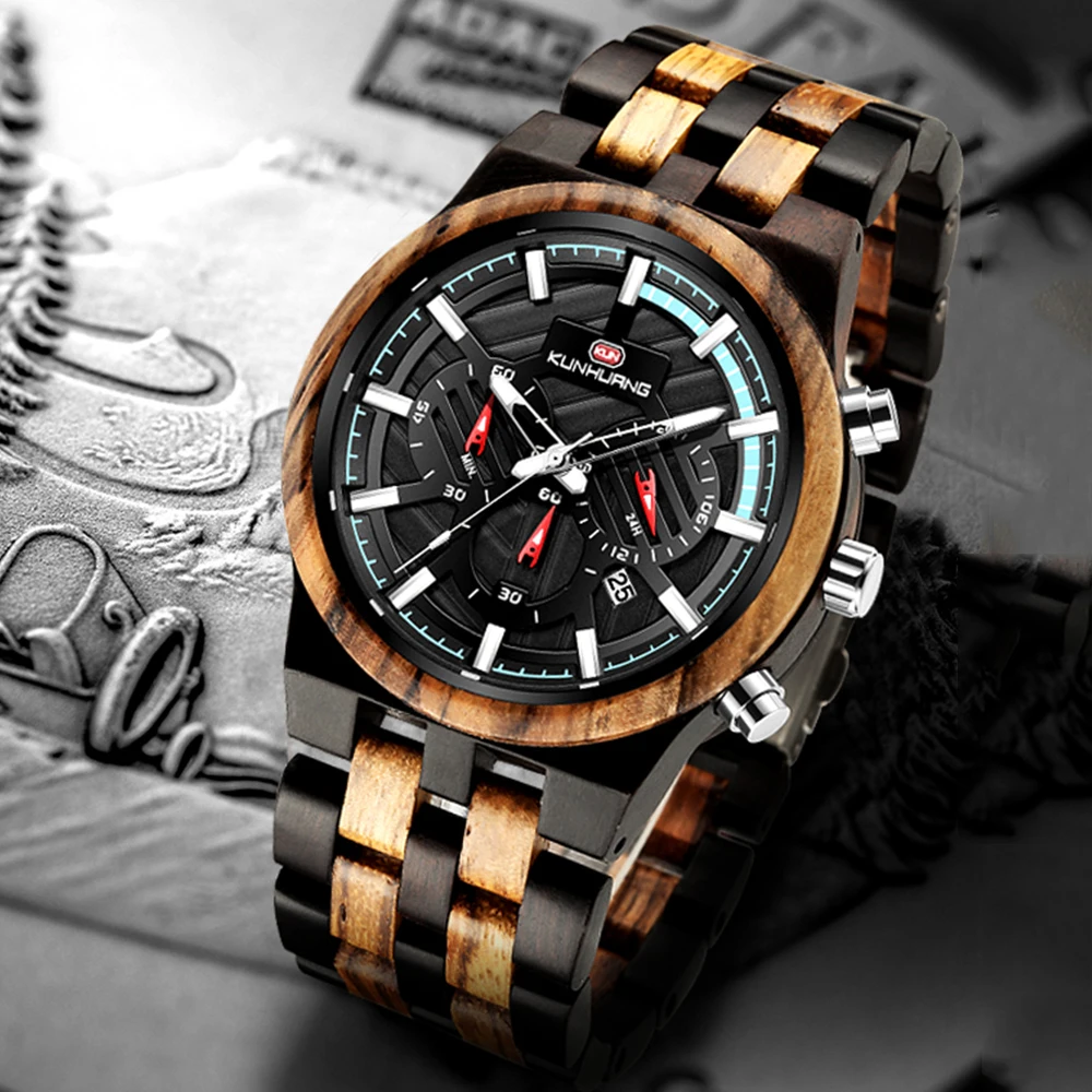 Erkek saati KUNHUANG Retro wooden Men&amp#39s watch Quartz Movement Complete Calendar Wood Watch Week Display relogio masculino | Наручные