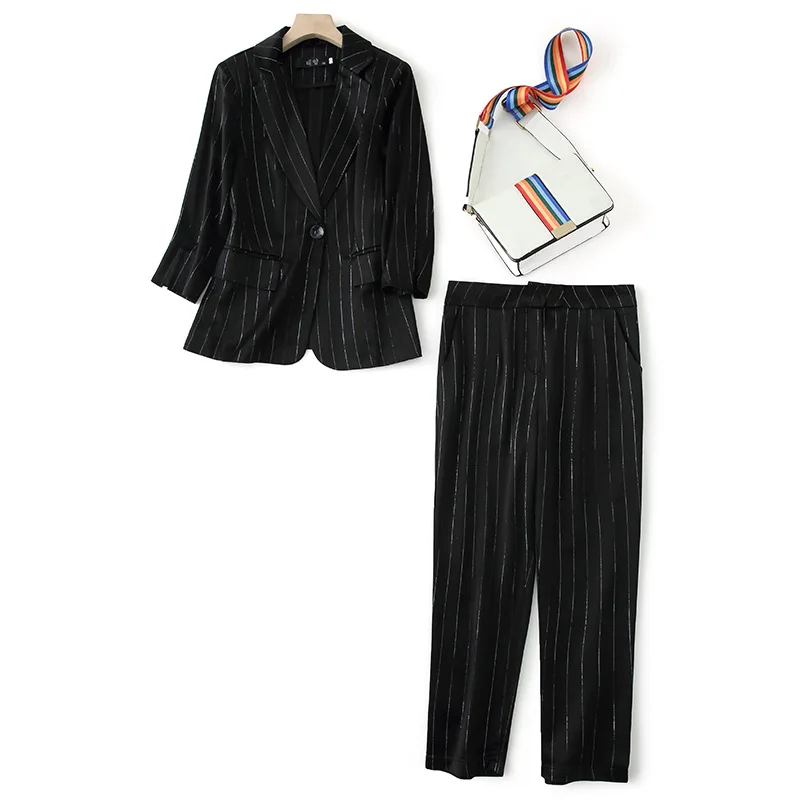 woman 2 piece sets 2020 spring summer office ladies work golden striped blazers coats + slim pencil pants suit sets S-3XL JC342