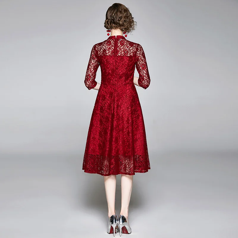 

COIGARSAM Lace Women dress Spring Dresses Red Black 8715