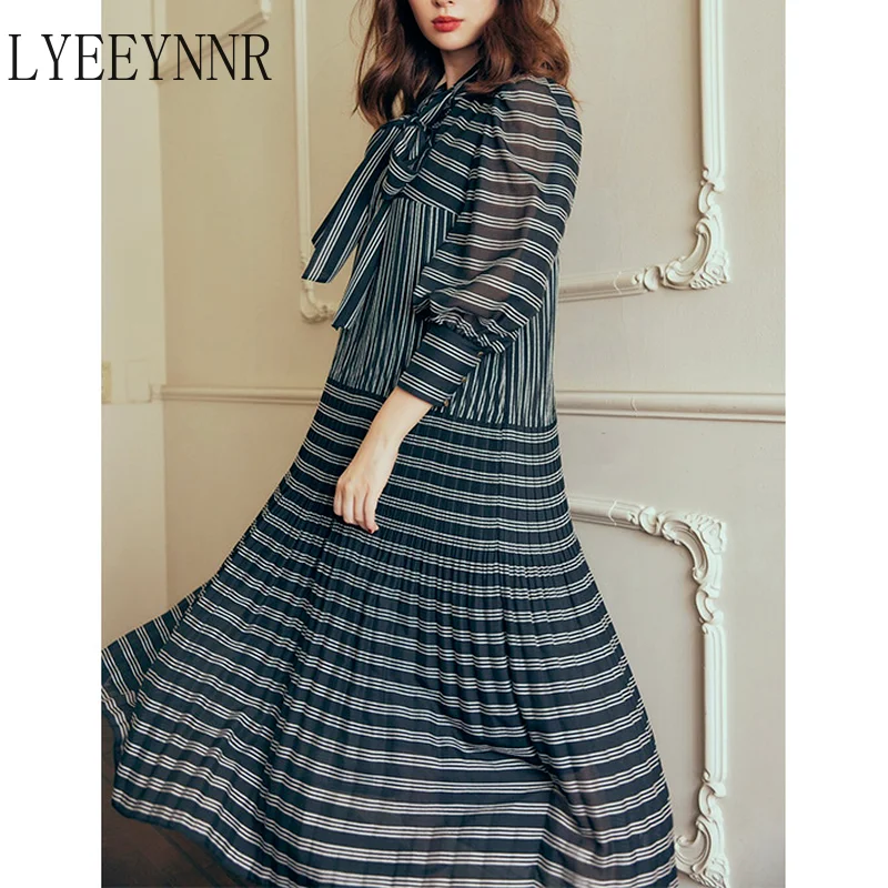 

LYEEYNNR Japan Style Striped Dress Women Bow Knot Lace Up Autumn New Robe Femme Long Sleeve Casual Dresses Office Laides Vestido