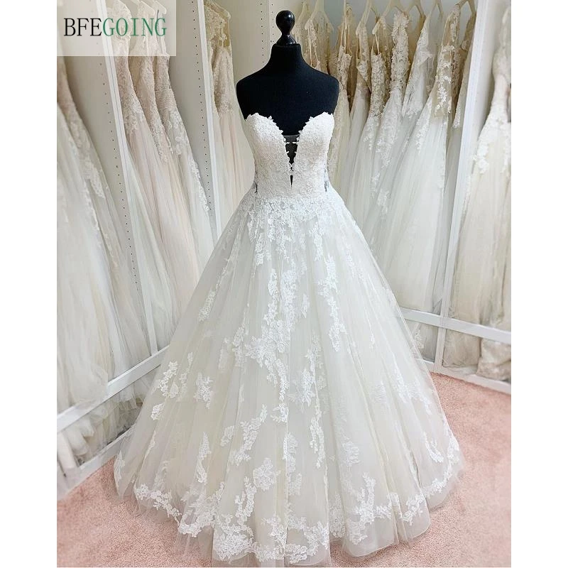

Ivory Lace Tulle V-Neck Strapless Floor-Length A-Line Wedding Dresses Chapel Train Princess Bridal Gowns Custom Made