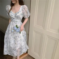 floral dress for women party french vintage v neckpuff sleeveoffice lady casual club sexy dresses summer 2021 newfashion clothes