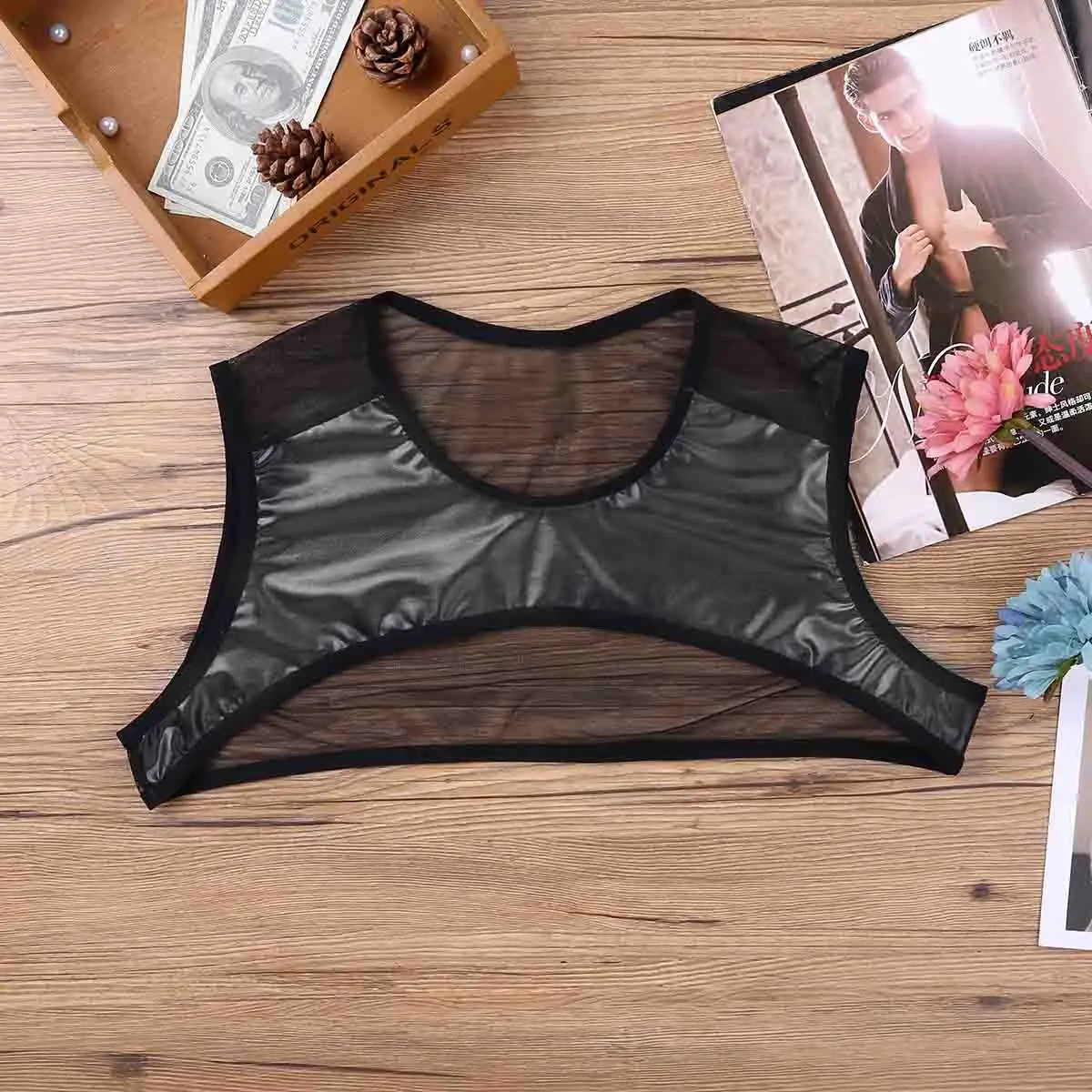 Майка мужская сетчатая облегающая кожаный пикантный укороченный топ для занятий