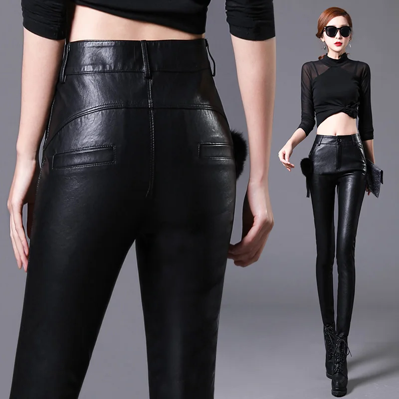 2020 outer wear leggings women's tight matte PU leather pants high waist slimming feet velvet thickening pant KZ525