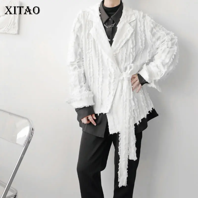 

XITAO Korea 2021 Autumn Winter New Placket Asymmetrical Raw Edge Design Temperament Blazer Women Irregular White Black LDS0237