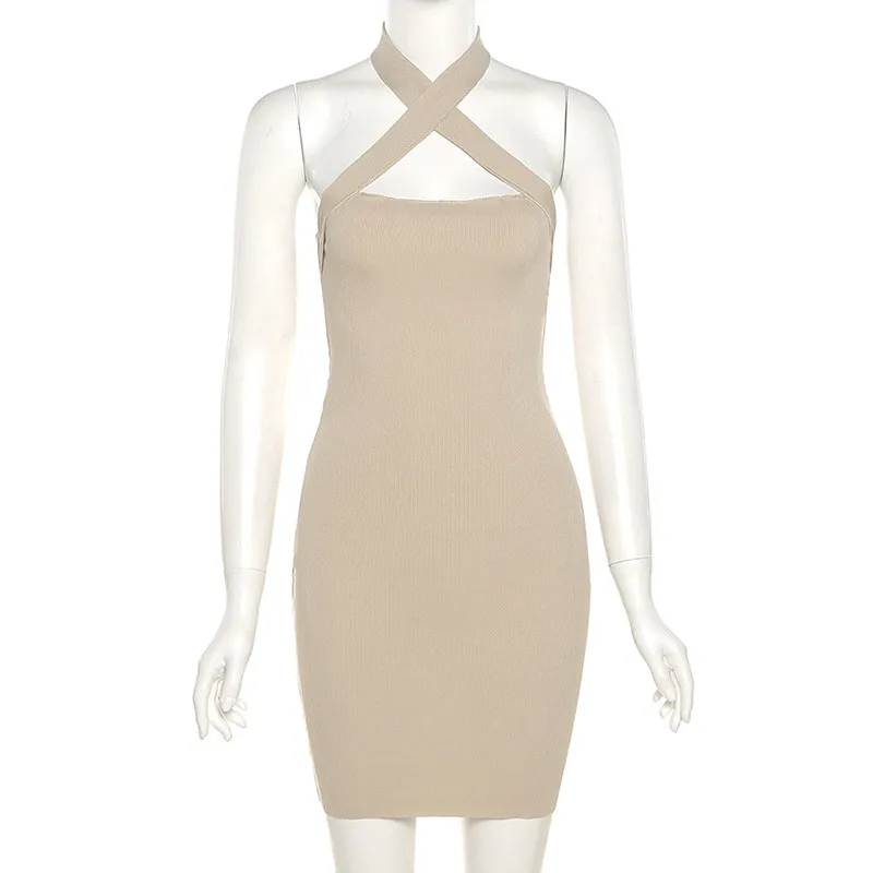 

CNYISHE Sexy Backless Halter Women Dress Elegant Summer 2021 Basic Cut Out Dresses Female Bodycon Solid Party Ladies Clothing
