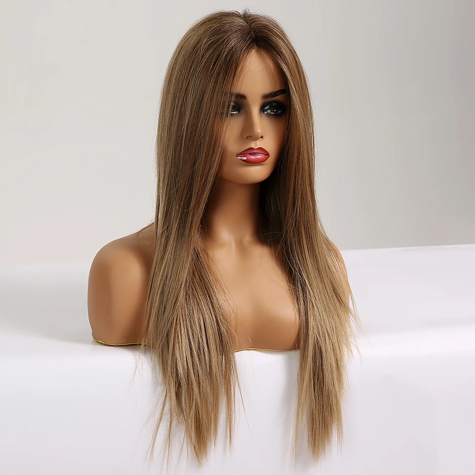 EASIHAIR длинные шелковистые прямые коричневые светлые кружевные передние парики с детскими волосами высокая плотность термостойкие синтетические парики для женщин