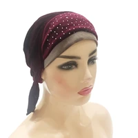 h229 full cover pleuche muslim hats with rhinestones pull on amira islamic scarf velvet winter turban hijab tie on back