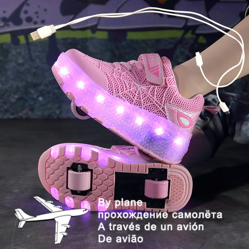 

Children Boys Luminous Glowing Pink Sneakers with Double Two Wheels Roller Skate Shoes Adult Kids USB Charging Shoes Pink Girls