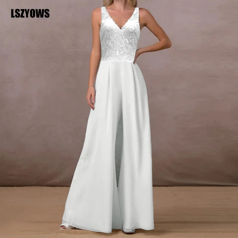 

Autumn Chiffon White Jumpsuits Women Sleeveless V-Neck Lace Patchwork Party Long Jumpsuits Backless Elegant Wide Leg Pant Romper